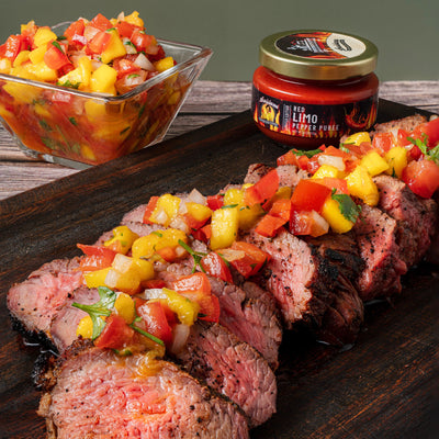 Smoked Chili Rubbed Tri Tip with Mango Red Limo Salsa